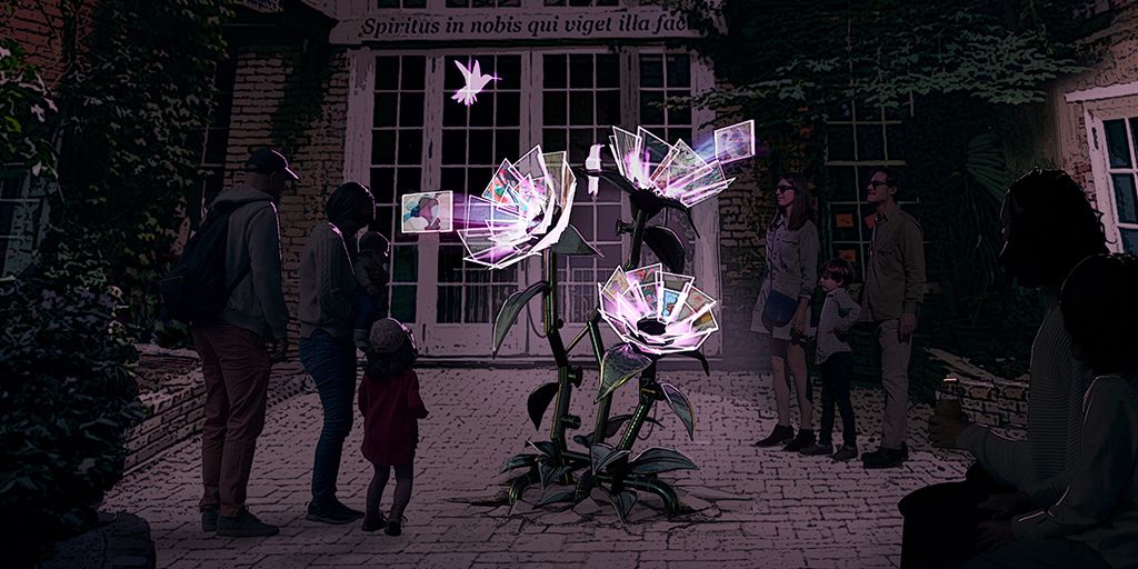 Rendering of the new ArtWalk AR installation, Breaking Ground Cyberflower, coming to the 401 Richmond courtyard September 23rd