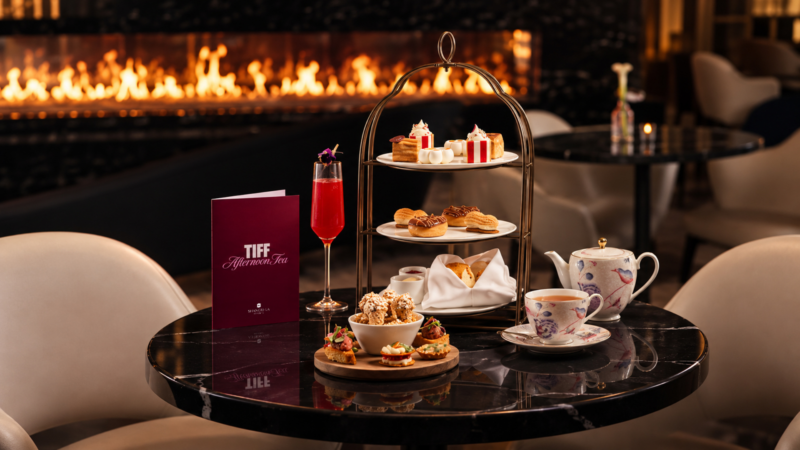 TIFF 2026 Afternoon Tea at Shangri-La Toronto, featuring tiered sweet and savoury bites, tea and a colourful drink in the Lobby Lounge.