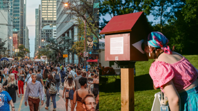 Crowds fill King Street West during TIFF Festival Street, alongside a visitor looking into the Little Free Cinema installation.